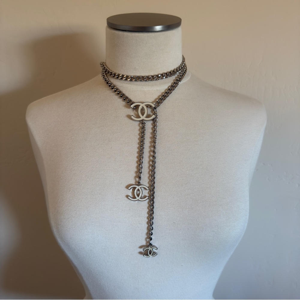 ❤️ Authentic Chanel Resin Lacquer White & Silver Chain Belt OR NECKLACE! CC Logo - Picture 5 of 10